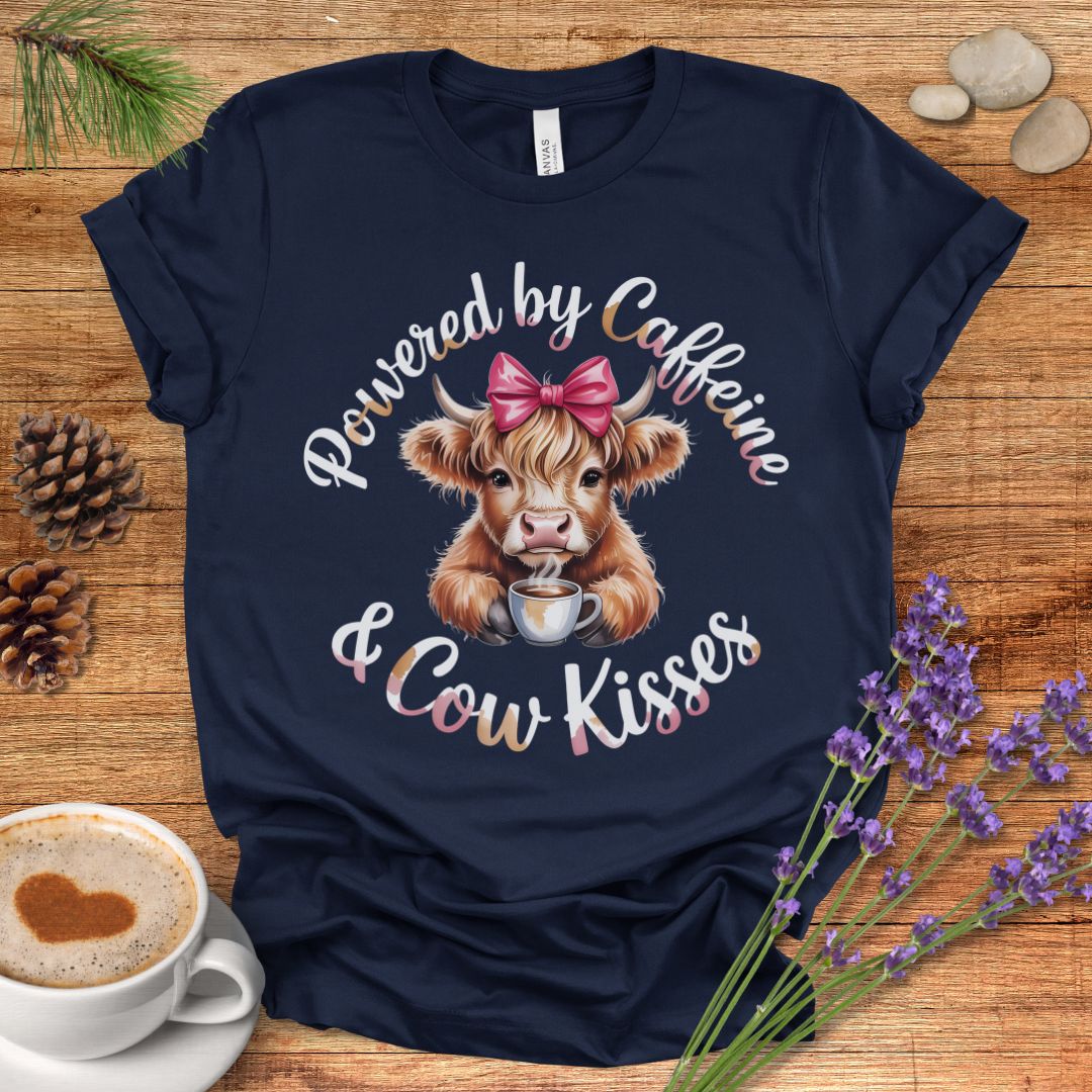 Funny Highland Cow Lover T-Shirt – Powered by Caffeine & Cow Kisses Tee for Cow Moms, Coffee Lovers & Country Life Fans