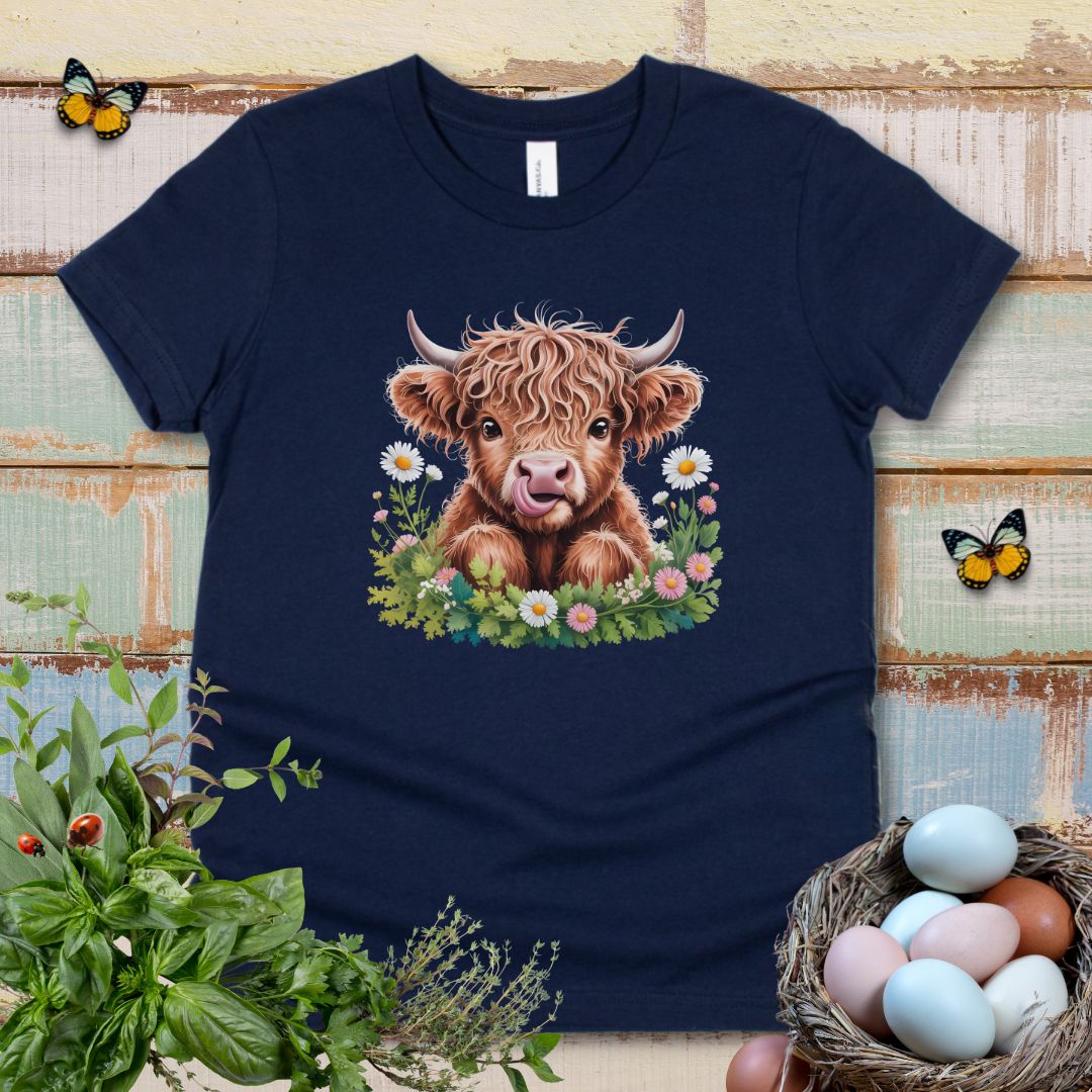 Cute Highland Cow Kids T-Shirt – Adorable Tongue-Out Cow & Wildflower Tee for Little Farm Animal Lovers