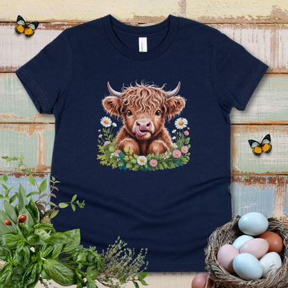 Cute Highland Cow Kids T-Shirt – Adorable Tongue-Out Cow & Wildflower Tee for Little Farm Animal Lovers