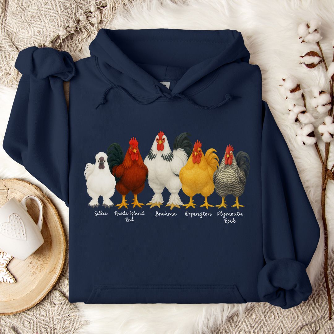 Rooster Breed Hoodie – Silkie, Rhode Island Red, Brahma & Orpington Chicken Lover Pullover