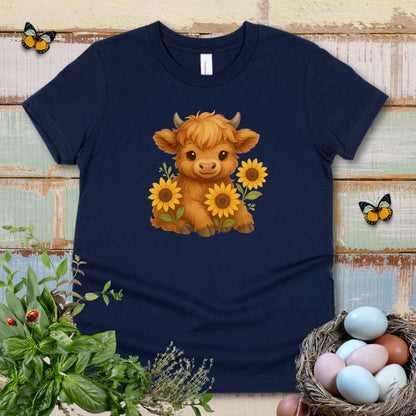Cute Highland Cow Kids T-Shirt – Sunflower Cow Tee for Little Farm Animal Lovers