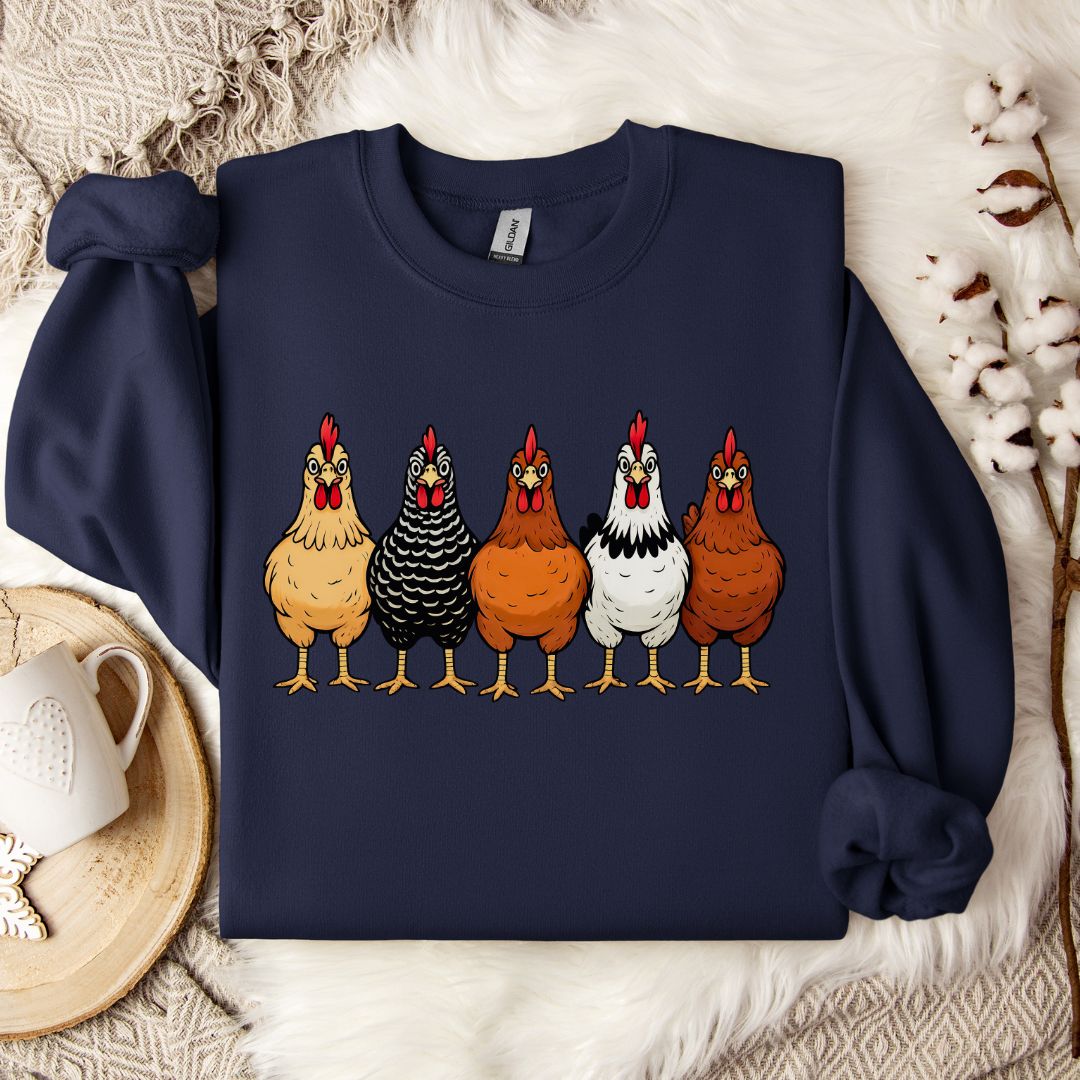 Hen Lineup Chicken Sweatshirt – Colorful Barnyard Pullover for Poultry Lovers & Farmhouse Living