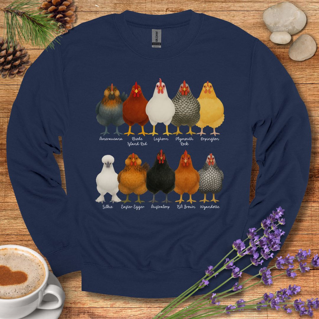 Chicken Breeds Sweatshirt – Farm Animal Pullover with Popular Hen & Rooster Varieties for Chicken Lovers
