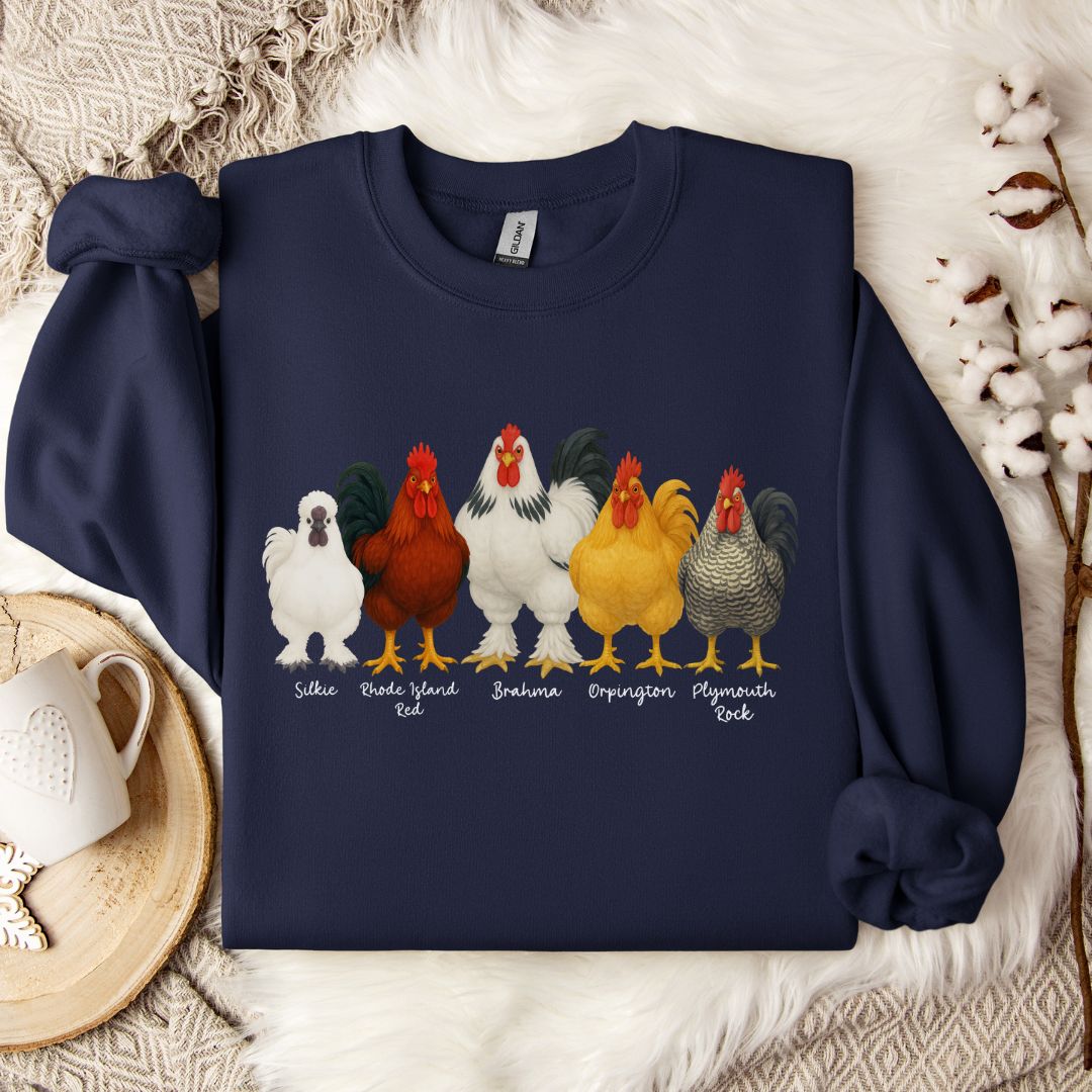 Rooster Lineup Sweatshirt – Silkie, Rhode Island Red, Brahma, Orpington & Plymouth Rock Pullover for Farm Animal Lovers