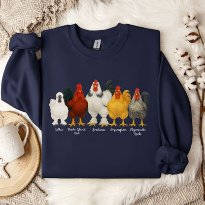 Rooster Lineup Sweatshirt – Silkie, Rhode Island Red, Brahma, Orpington & Plymouth Rock Pullover for Farm Animal Lovers