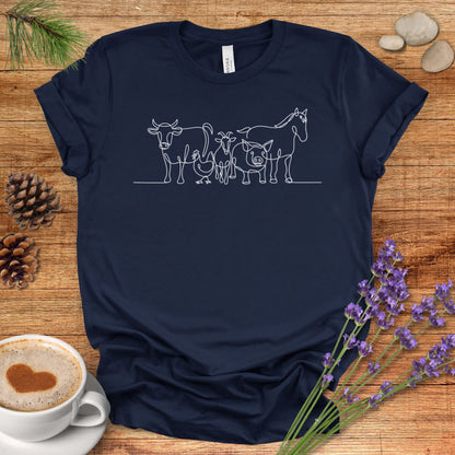 Farm Animal T-Shirt – Minimalist One Line Art Cow, Chicken, Goat, Pig & Horse Barnyard Shirt for Country Living