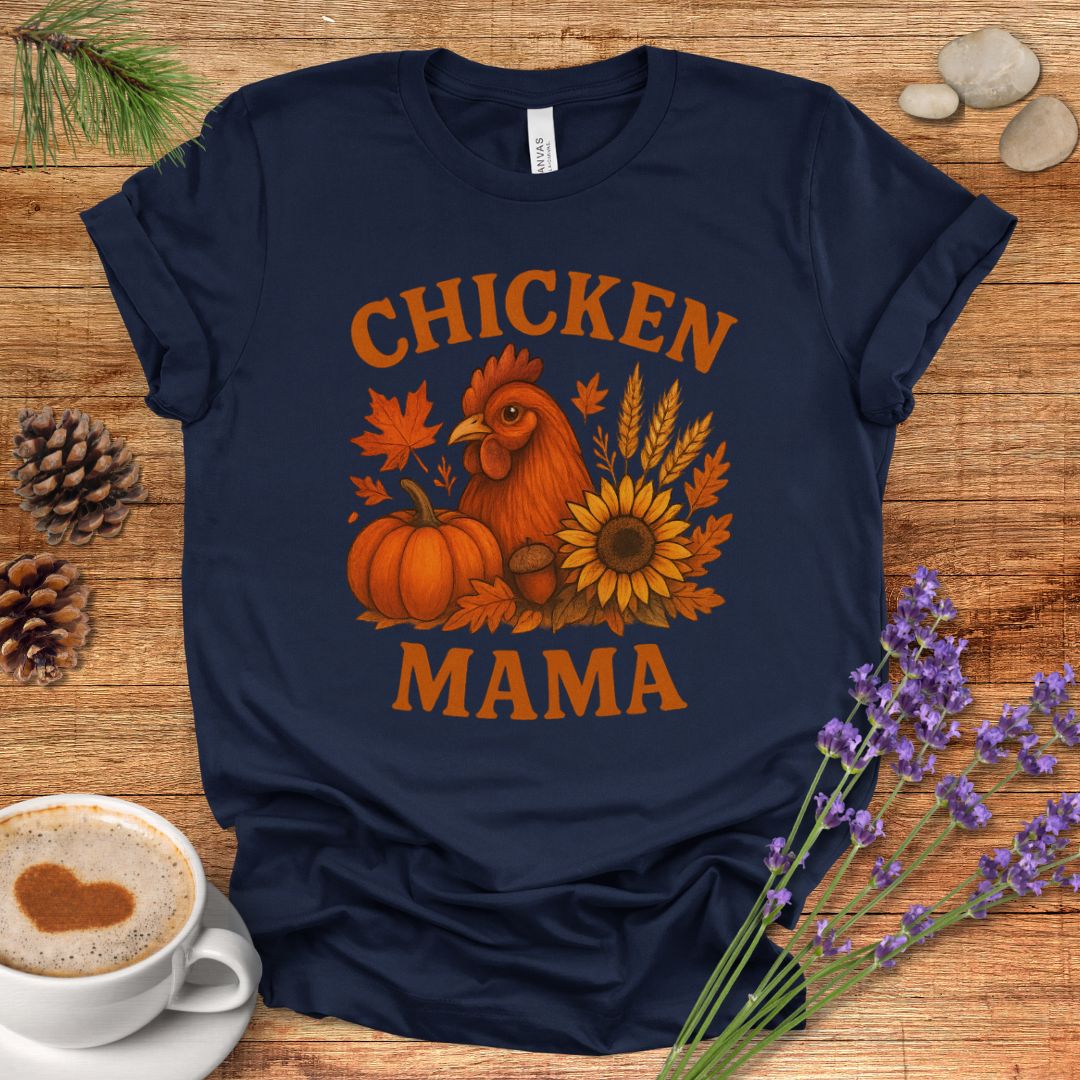 Chicken Mama Fall T-Shirt – Rustic Farmhouse Autumn Tee with Pumpkin, Sunflower & Chicken Design