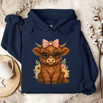 Cute Highland Cow Hoodie – Floral Cow with Glasses & Bow Pullover for Cow Moms & Farm Girls