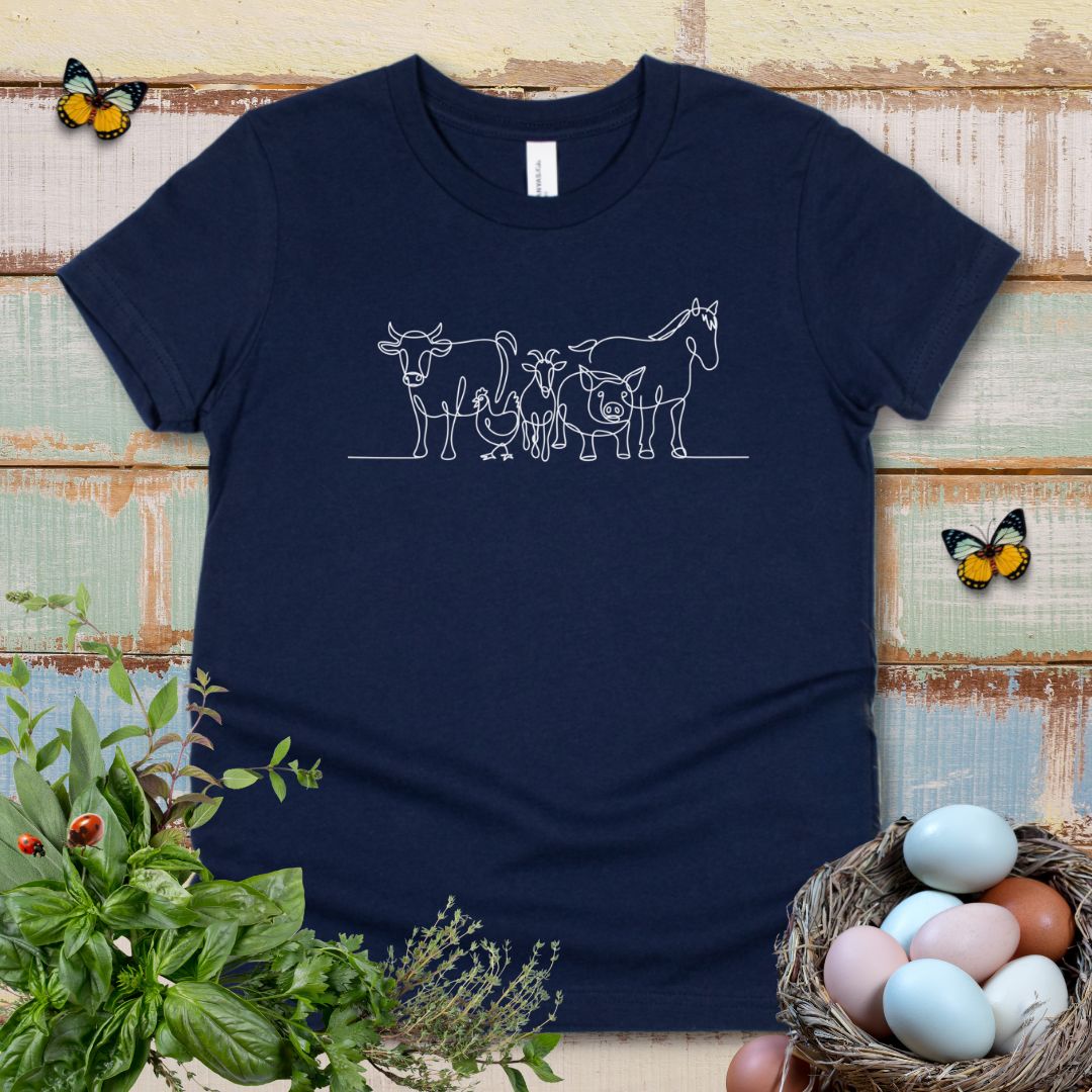 Cute Farm Animals Kids T-Shirt – One Line Art Cow, Chicken, Goat, Pig & Horse Youth Tee