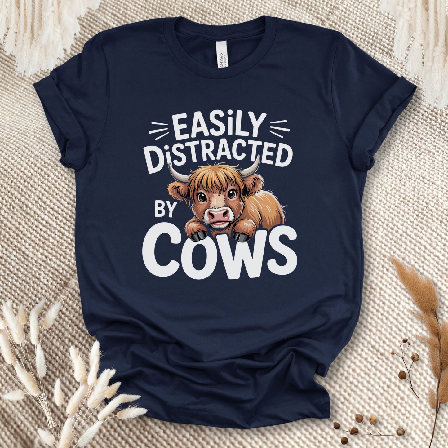 Easily Distracted by Cows T-Shirt – Funny Farm Animal Tee with Rustic Highland Cow Design