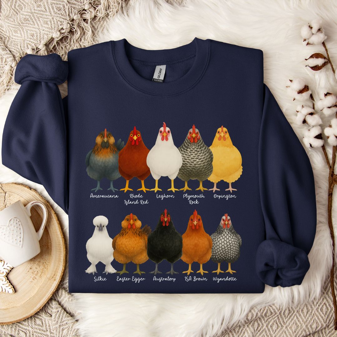 Chicken Breeds Sweatshirt – Farm Animal Pullover with Popular Hen & Rooster Varieties for Chicken Lovers