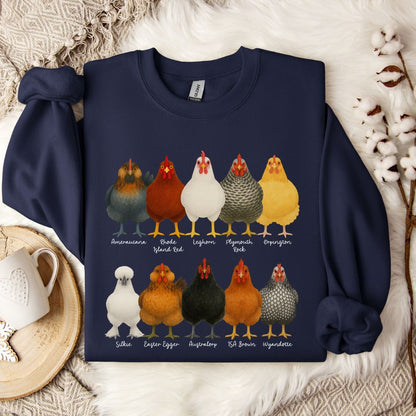 Chicken Breeds Sweatshirt – Farm Animal Pullover with Popular Hen & Rooster Varieties for Chicken Lovers