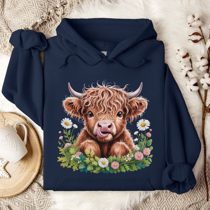 Highland Cow Hoodie – Cute Tongue-Out Cow & Wildflower Pullover for Farm Girls & Cow Lovers