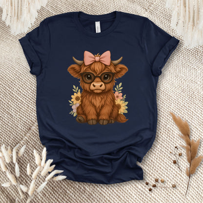 Cute Highland Cow T-Shirt – Floral Cow with Glasses Tee for Cow Lovers