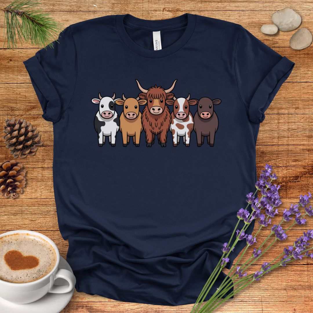 Cartoon Cow Breeds T-Shirt – Cute Farm Animal Lineup Tee with Highland, Dairy & Spotted Cows