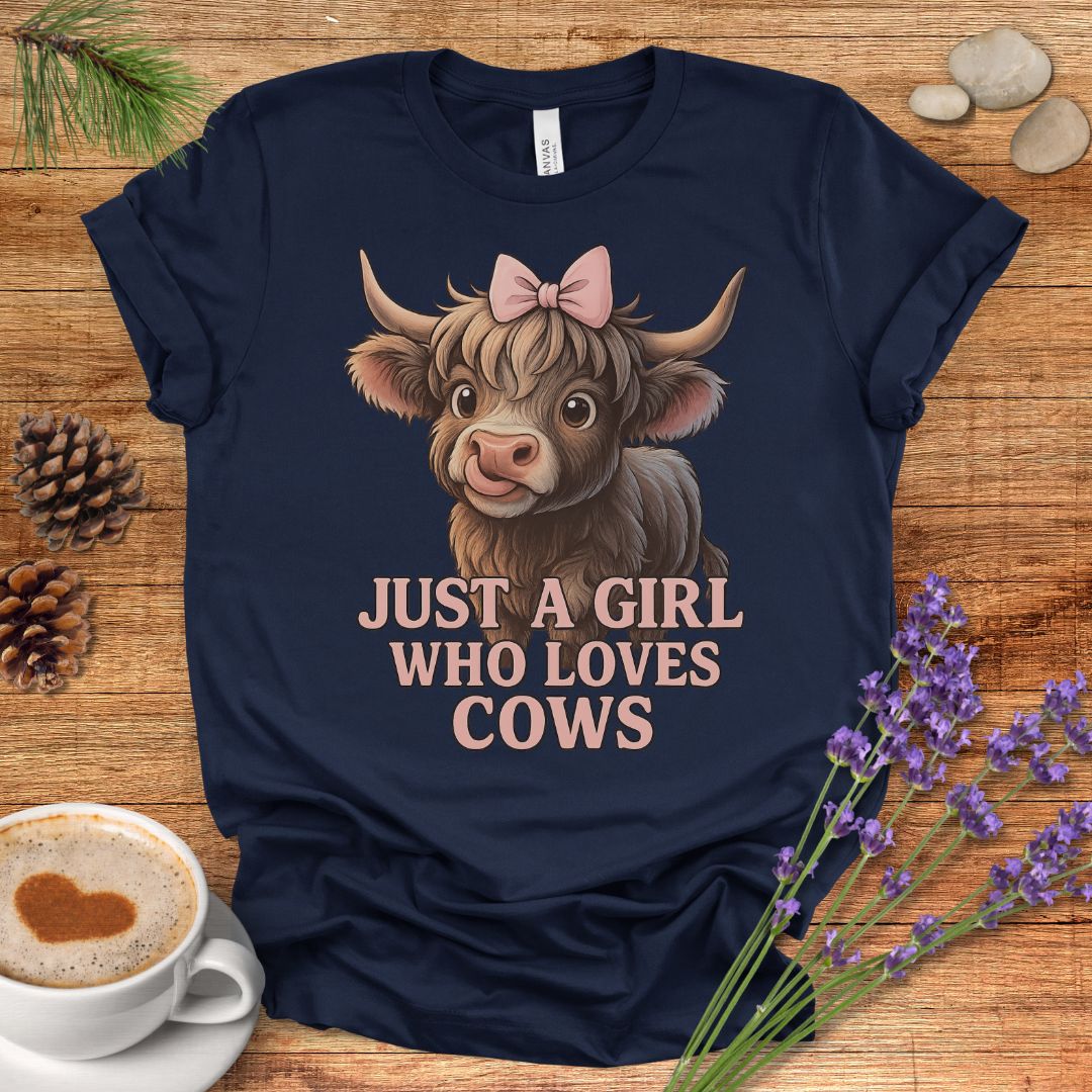 Highland Cow T-Shirt – “Just a Girl Who Loves Cows” Cute Farmhouse Tee with Pink Bow Design