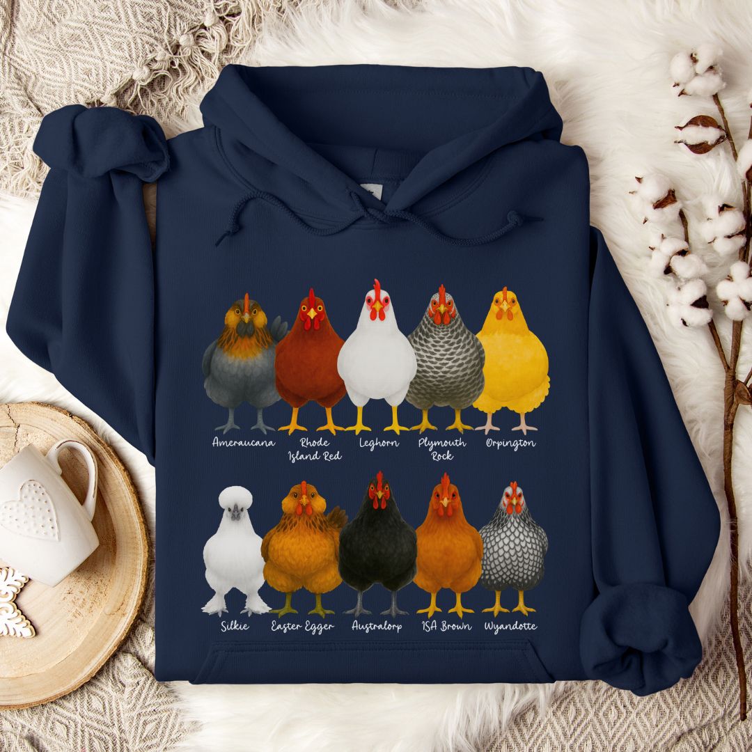 Chicken Breeds Hoodie – Cute Poultry Lover Gift for Chicken Keepers, Farmers & Backyard Flock Moms
