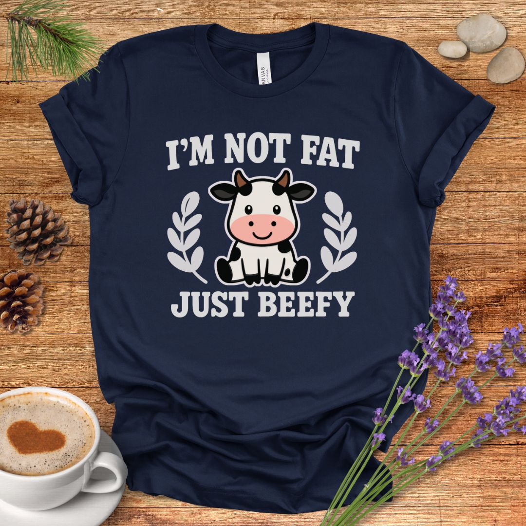 Funny Cow Pun T-Shirt – “I’m Not Fat, Just Beefy” Cartoon Farm Animal Tee for Rustic Country Living