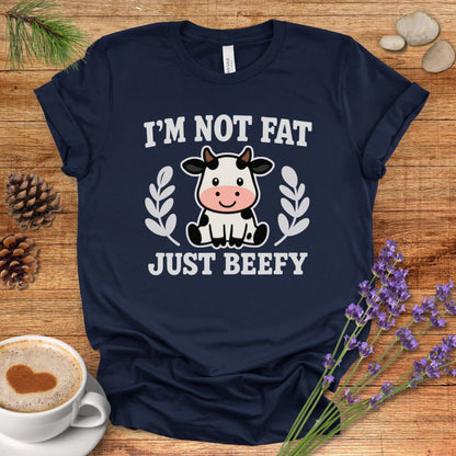 Funny Cow Pun T-Shirt – “I’m Not Fat, Just Beefy” Cartoon Farm Animal Tee for Rustic Country Living