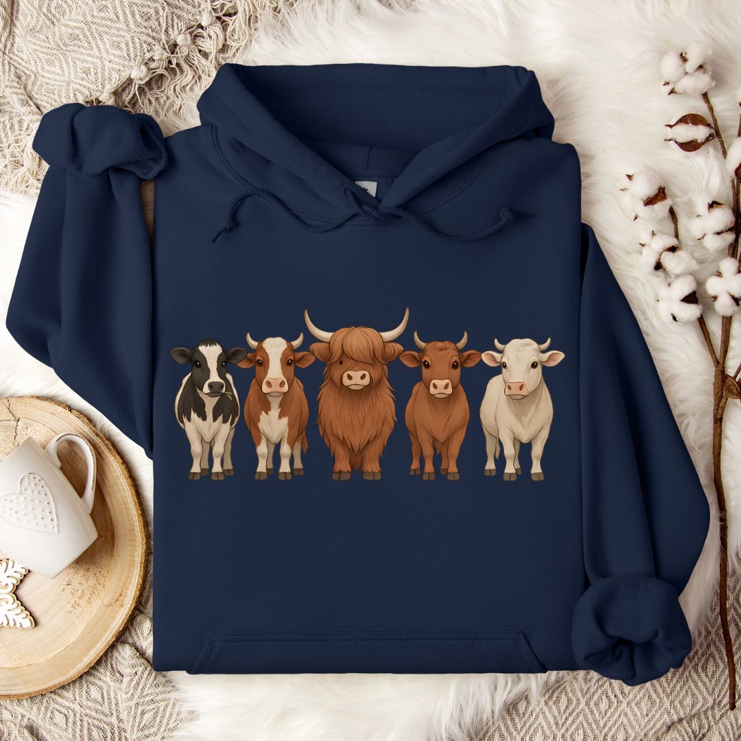 Cow Lover Hoodie – Highland, Holstein & Brown Cow Lineup Pullover for Ranchers & Farm Life Fans