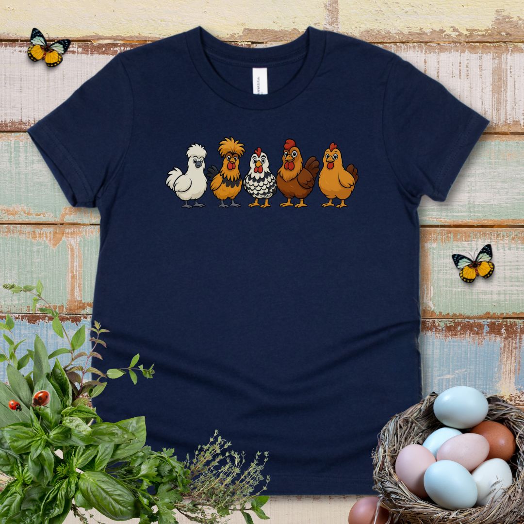 Cute Cartoon Chickens Kids T-Shirt – Farm Chicken Lineup Youth Tee for Animal-Loving Boys & Girls