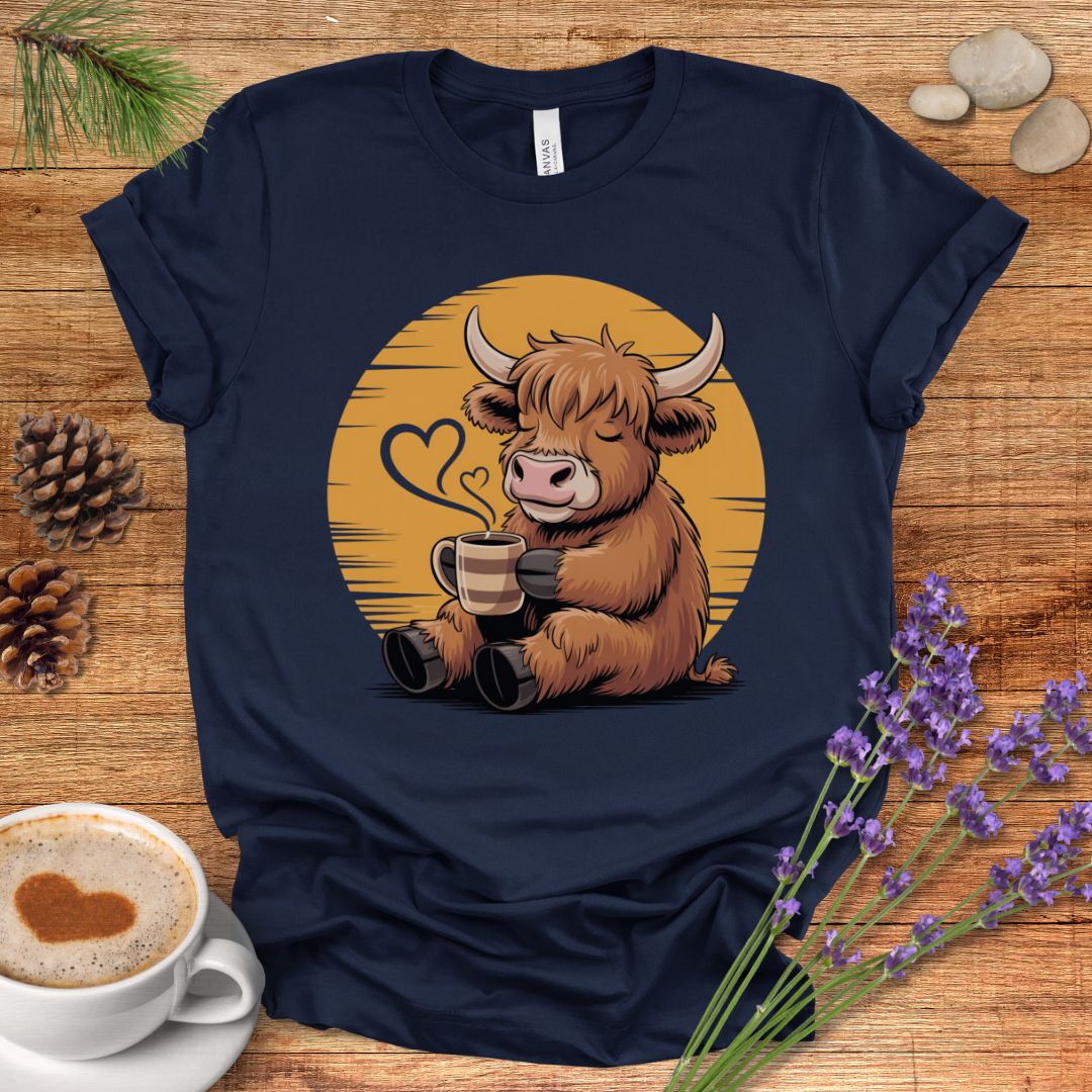 Highland Cow Coffee T-Shirt – Cozy Farmhouse Graphic Tee for Cow Lovers & Rustic Country Life
