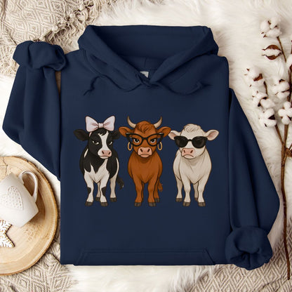 Trendy Cow Lover Hoodie – Cute Stylish Cow Trio Pullover with Bow, Glasses & Sunglasses
