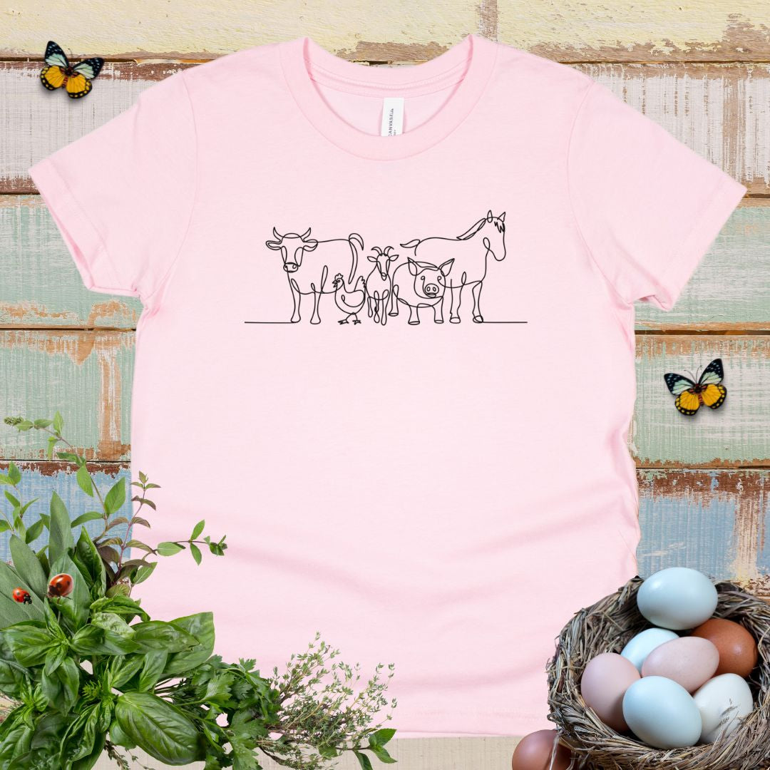 Cute Farm Animals Kids T-Shirt – One Line Art Cow, Chicken, Goat, Pig & Horse Youth Tee
