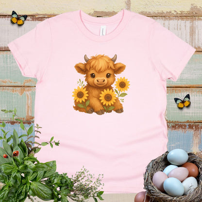 Cute Highland Cow Kids T-Shirt – Sunflower Cow Tee for Little Farm Animal Lovers