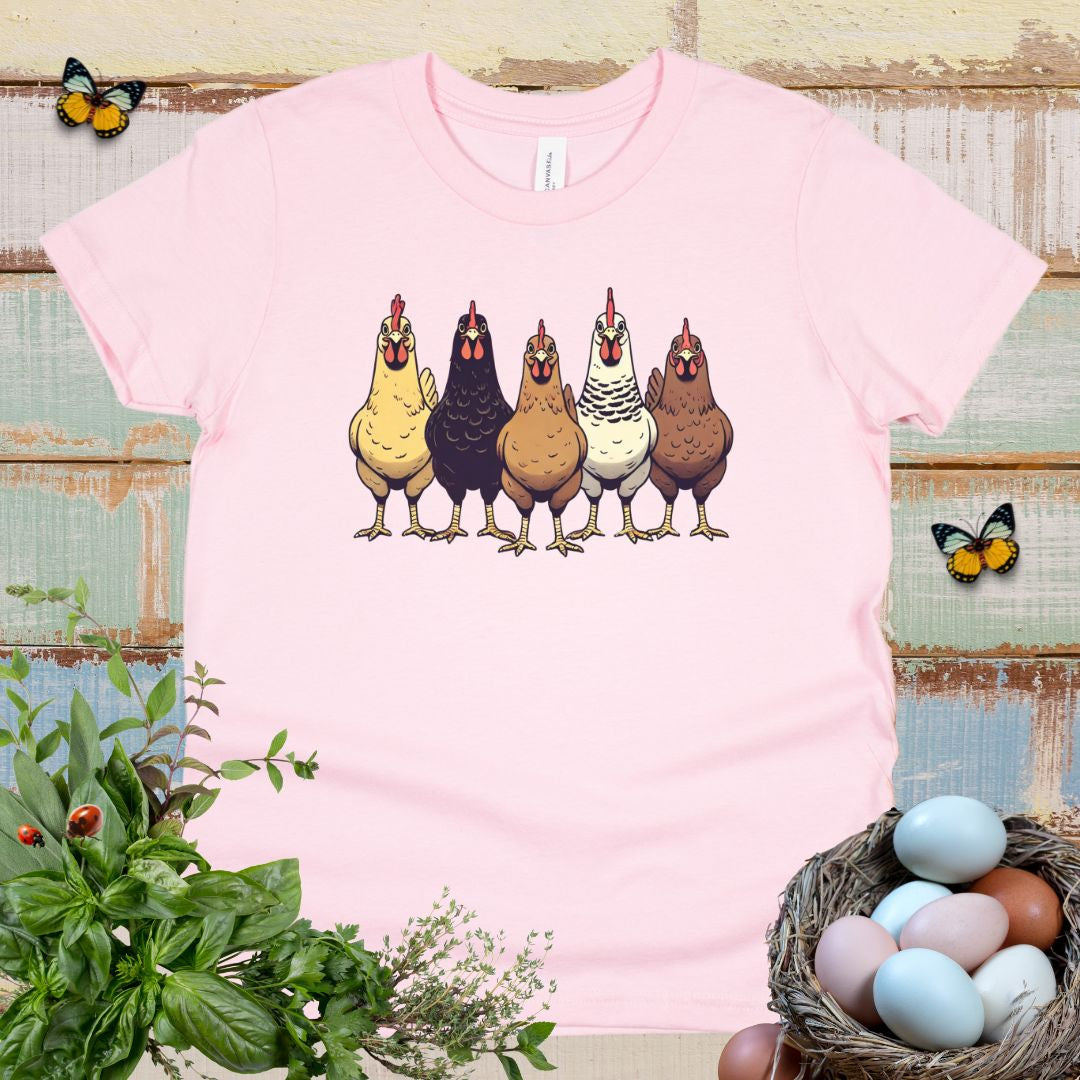 Cute Chicken Lover Kids T-Shirt – Farm Chickens Lineup Youth Tee for Boys & Girls