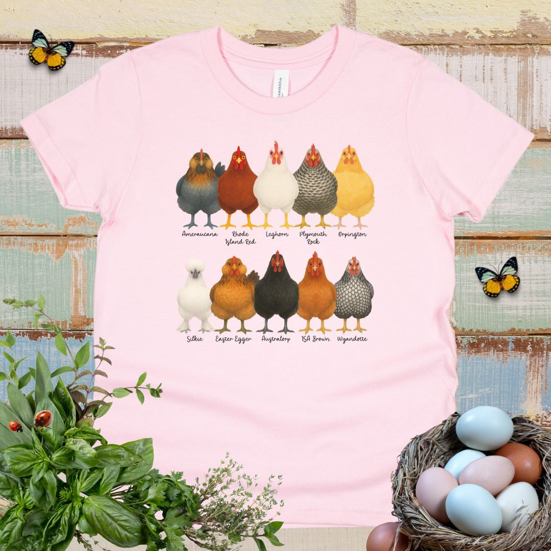 Chicken Breeds Kids T-Shirt – Cute Farm Chickens Chart Youth Tee for Animal Lovers & Farm Kids