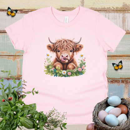 Cute Highland Cow Kids T-Shirt – Adorable Tongue-Out Cow & Wildflower Tee for Little Farm Animal Lovers