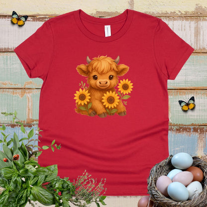 Cute Highland Cow Kids T-Shirt – Sunflower Cow Tee for Little Farm Animal Lovers