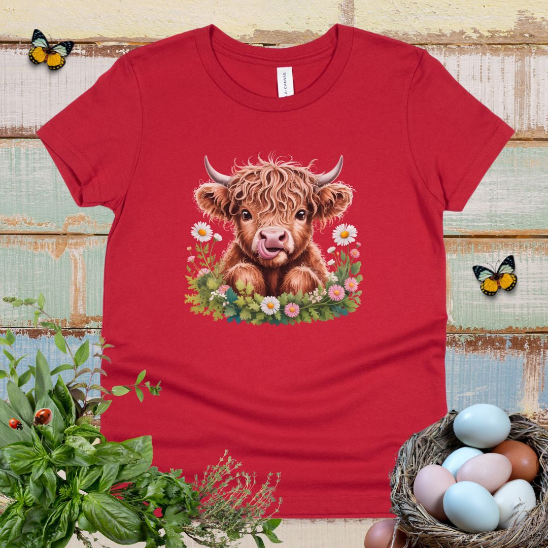 Cute Highland Cow Kids T-Shirt – Adorable Tongue-Out Cow & Wildflower Tee for Little Farm Animal Lovers
