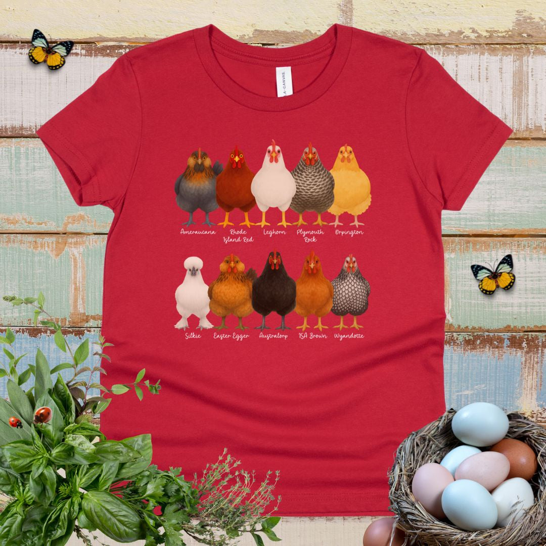 Chicken Breeds Kids T-Shirt – Cute Farm Chickens Chart Youth Tee for Animal Lovers & Farm Kids