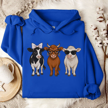 Trendy Cow Lover Hoodie – Cute Stylish Cow Trio Pullover with Bow, Glasses & Sunglasses