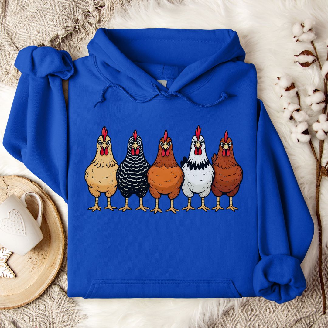 Farm Chickens Hoodie – Colorful Hen Lineup Cozy Unisex Hoodie for Poultry Lovers & Country Living Fans