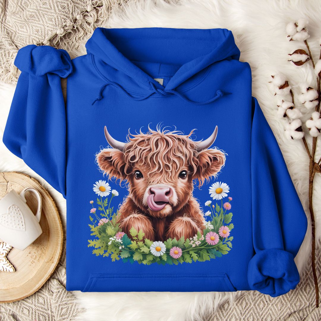 Highland Cow Hoodie – Cute Tongue-Out Cow & Wildflower Pullover for Farm Girls & Cow Lovers