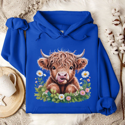 Highland Cow Hoodie – Cute Tongue-Out Cow & Wildflower Pullover for Farm Girls & Cow Lovers