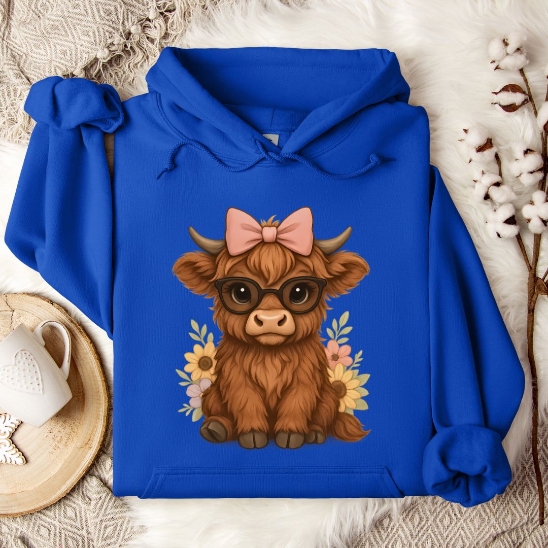Cute Highland Cow Hoodie – Floral Cow with Glasses & Bow Pullover for Cow Moms & Farm Girls