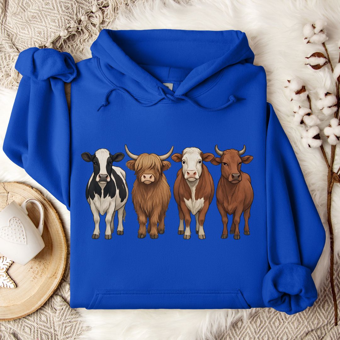 Cow Breed Hoodie – Highland, Holstein & Brown Cow Lineup Pullover for Ranchers & Cow Lovers