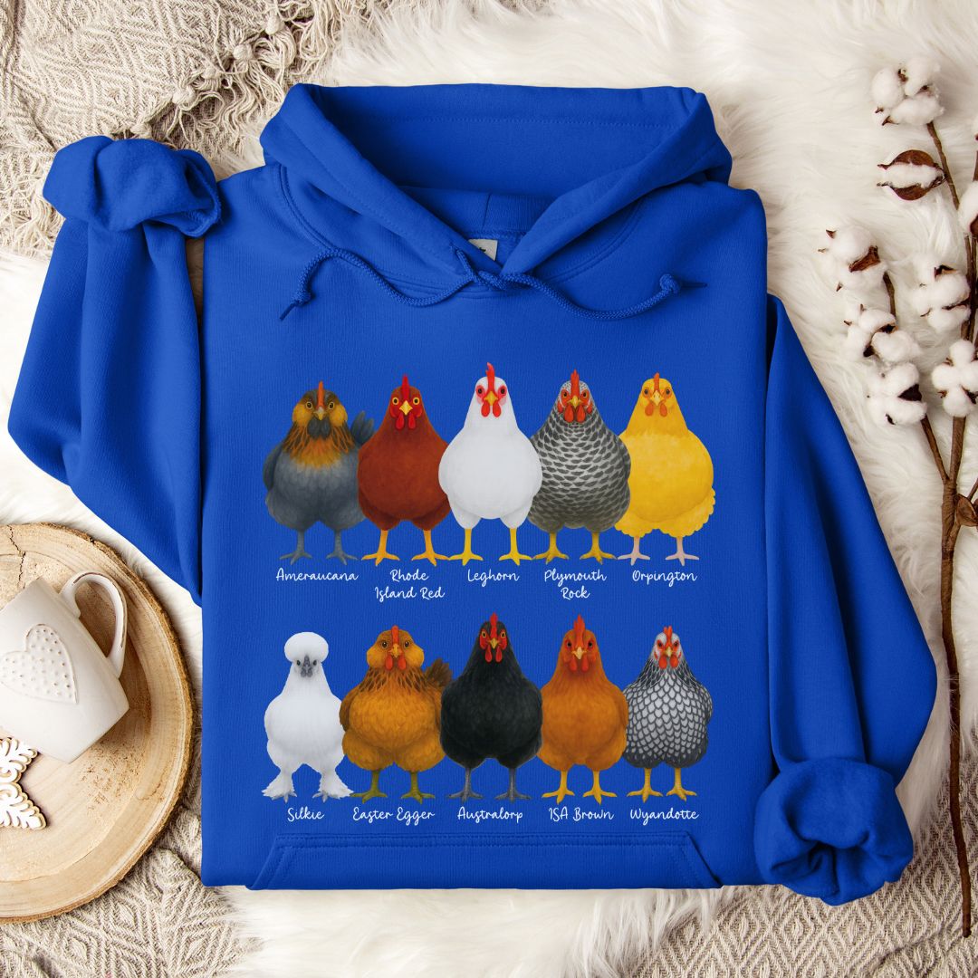 Chicken Breeds Hoodie – Cute Poultry Lover Gift for Chicken Keepers, Farmers & Backyard Flock Moms