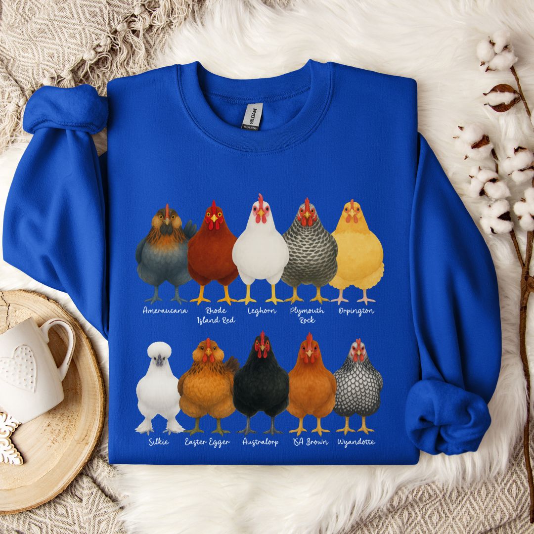 Chicken Breeds Sweatshirt – Farm Animal Pullover with Popular Hen & Rooster Varieties for Chicken Lovers