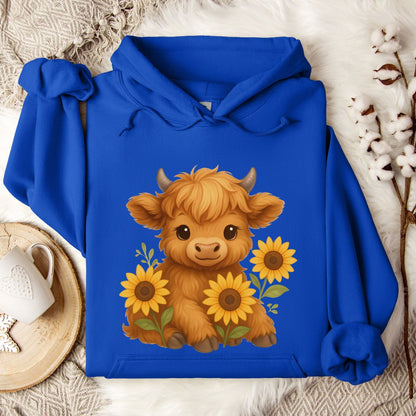 Cute Highland Cow Hoodie – Sunflower Cow Lover Pullover for Farm Girls & Country Style Fans