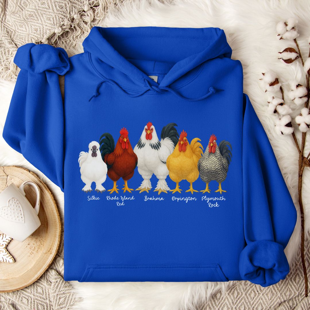 Rooster Breed Hoodie – Silkie, Rhode Island Red, Brahma & Orpington Chicken Lover Pullover