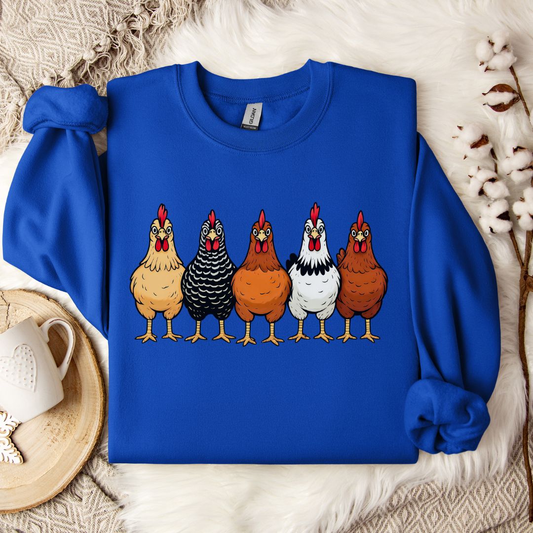 Hen Lineup Chicken Sweatshirt – Colorful Barnyard Pullover for Poultry Lovers & Farmhouse Living