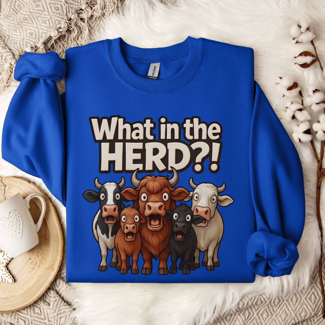 Funny Cow Sweatshirt – What in the Herd?! Farm Humor Crewneck for Cow Lovers & Country Life Fans