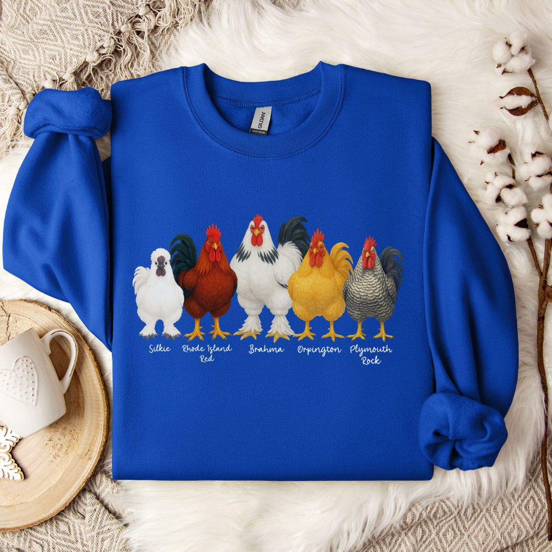 Rooster Lineup Sweatshirt – Silkie, Rhode Island Red, Brahma, Orpington & Plymouth Rock Pullover for Farm Animal Lovers
