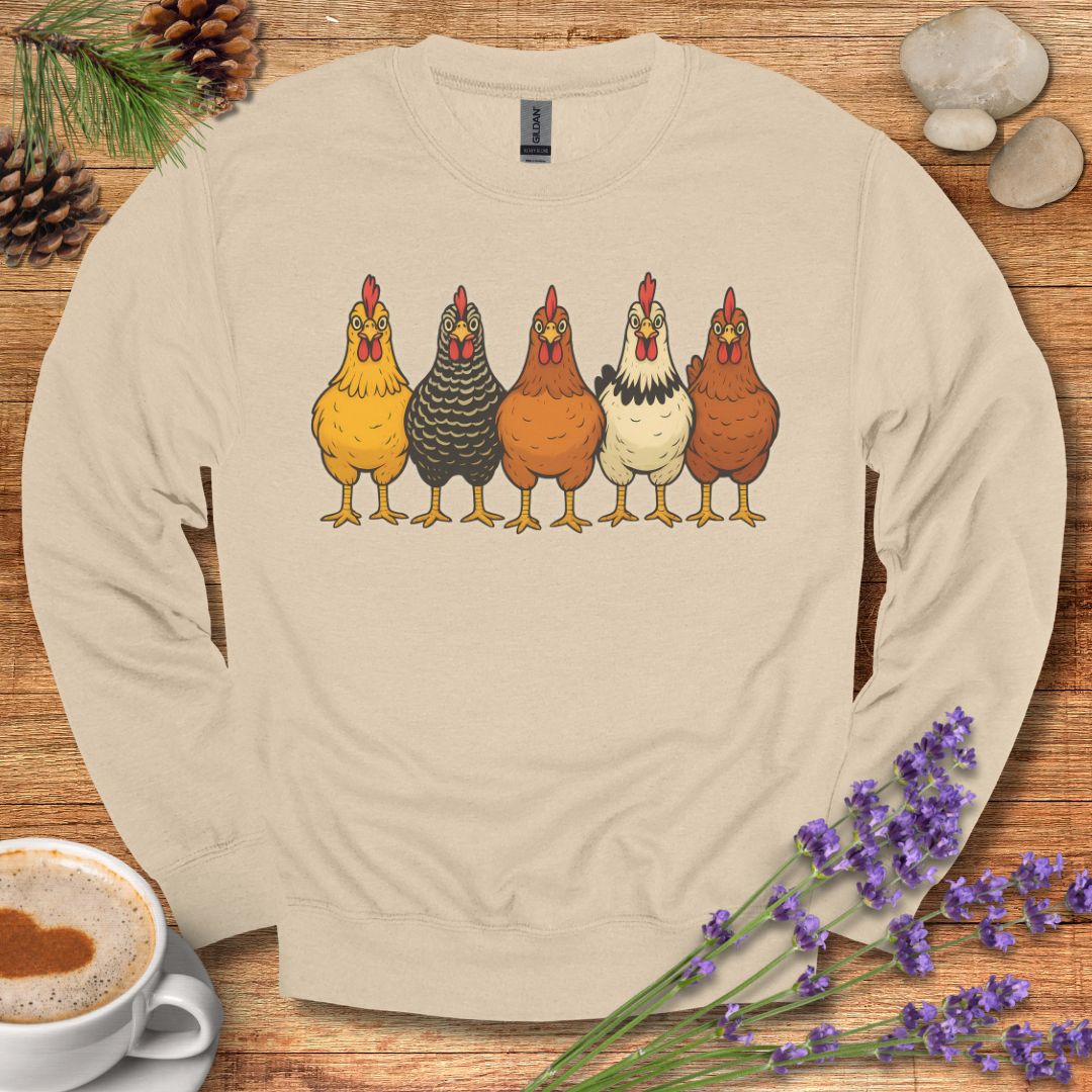 Hen Lineup Chicken Sweatshirt – Colorful Barnyard Pullover for Poultry Lovers & Farmhouse Living