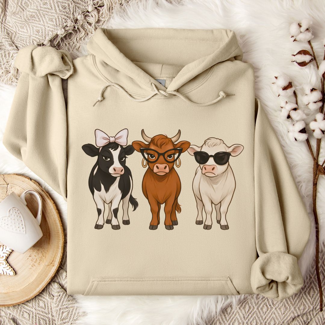 Trendy Cow Lover Hoodie – Cute Stylish Cow Trio Pullover with Bow, Glasses & Sunglasses